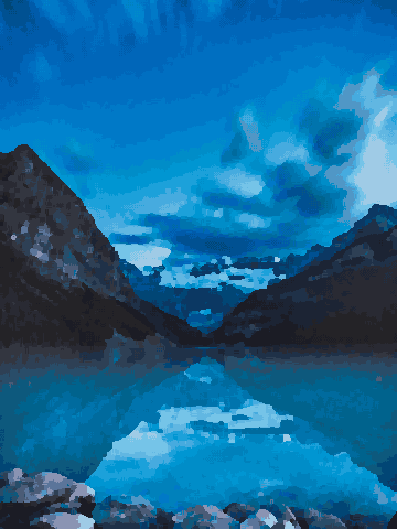 Lake Louise Night Landscape With Mountain Reflections pixel art wallpaper