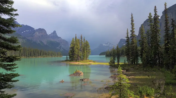 cloudy, lake, forest wallpapers
