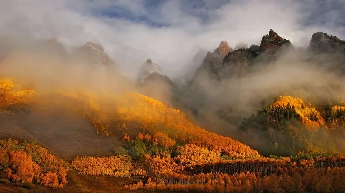 mountain, fall, morning wallpapers