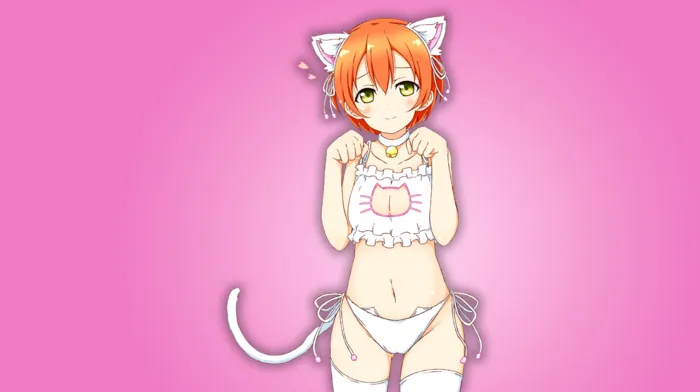 anime, hoshizora rin, cat keyhole bra wallpapers
