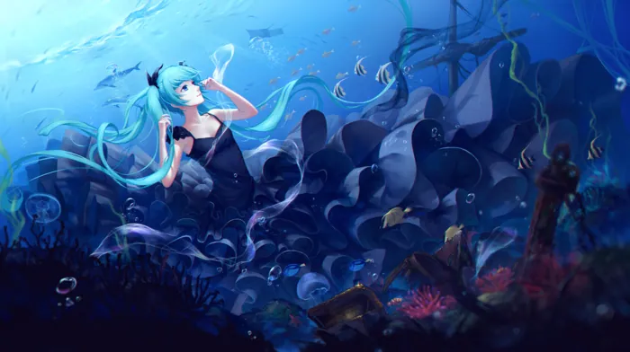 dolphin, fish, twintails wallpapers