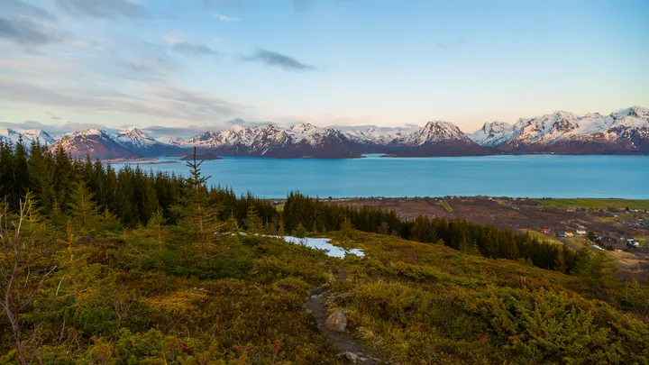 A stunning view of a lake surrounded by lush green trees and plants, with snow-capped mountains in the background and a sky filled with fluffy white c