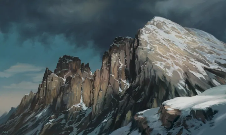 Snow-Covered Mountain Under Ominous Clouds — original wallpaper