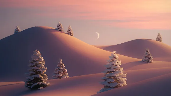 A snowy landscape with trees in the foreground and a crescent moon in the sky
