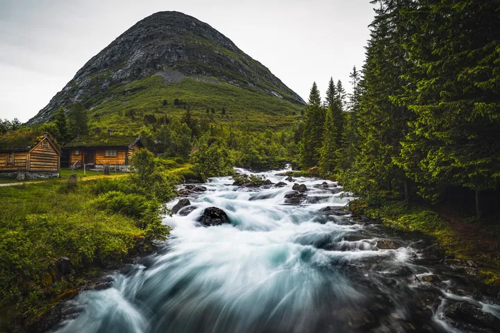 A small cabin nestled in the middle of a lush green forest, with a river running through it
