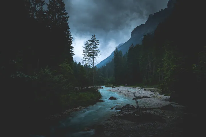 River Forest Mountains Dusk Landscape — original wallpaper