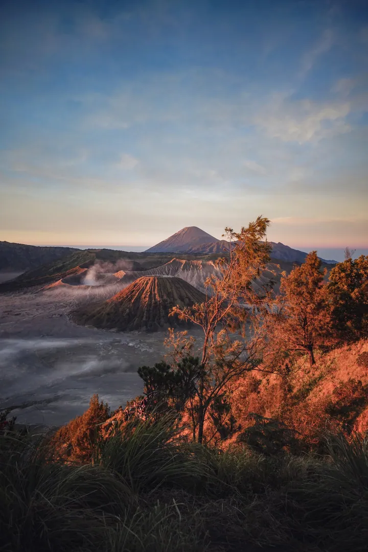 The stunning view of Mount Bromo in Java, Indonesia, with its majestic mountains, lush trees, and fog in the foreground, and a beautiful sky in the ba