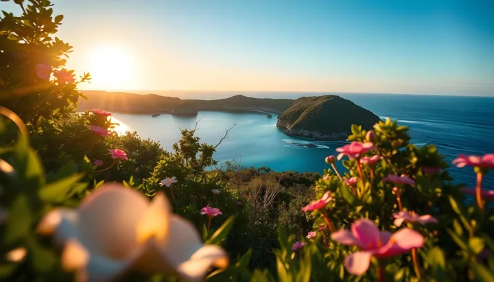 A beautiful sunset over the ocean with pink flowers in the foreground, surrounded by lush green plants and trees