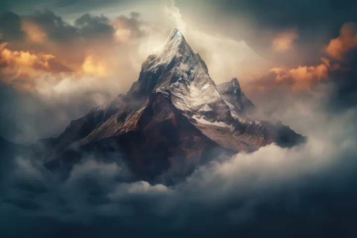 A majestic mountain, Mount Everest, covered in snow and surrounded by fluffy white clouds in the sky