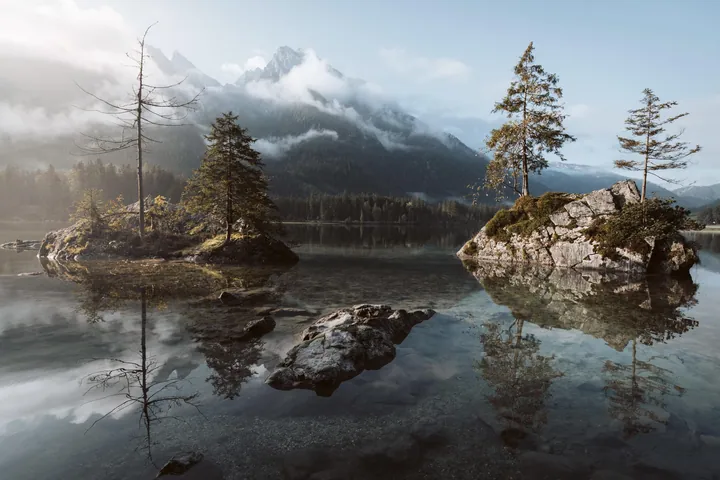 Lake Hintersee Island Amidst Clouds And Trees — original wallpaper