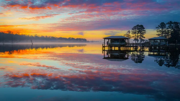 Misty Lake Pier At Sunrise — original wallpaper