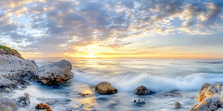 Ocean Sunset With Scattered Shore Rocks wallpapers
