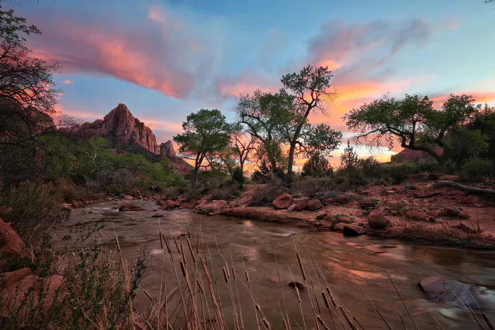 A beautiful sunset over the Virgin River in Zion National Park, Utah