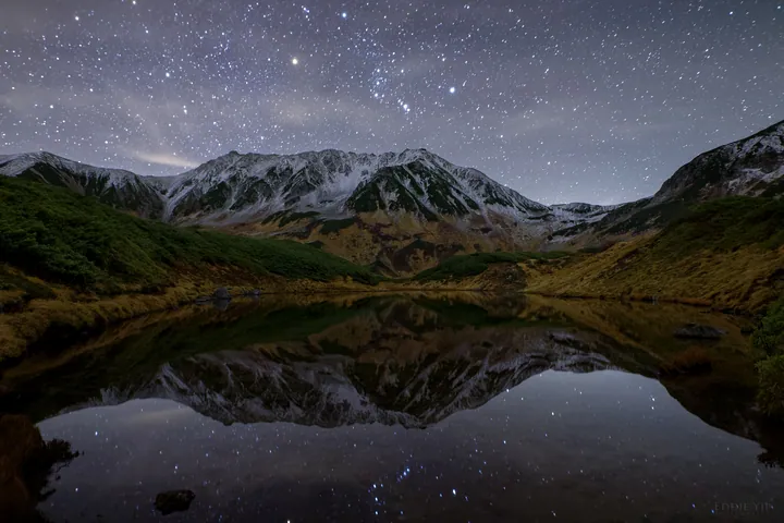 A stunning view of a mountain range with a lake in the foreground, surrounded by lush green grass and snow-capped peaks
