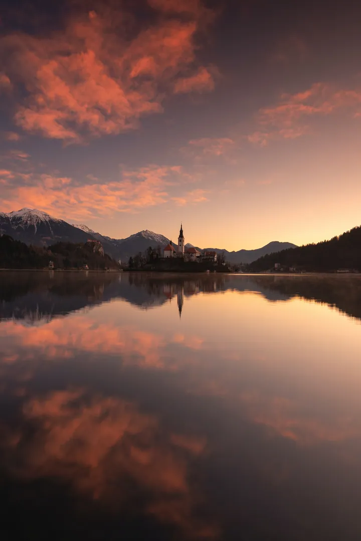 Sunset Over Lake Bled With Church — original wallpaper