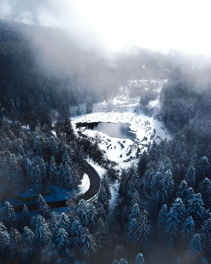 Aerial View of Snowy Forest Lake wallpapers