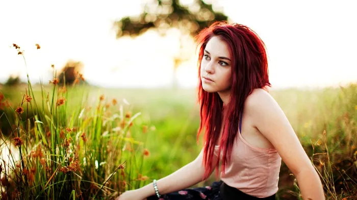 grass, redhead, girl wallpapers