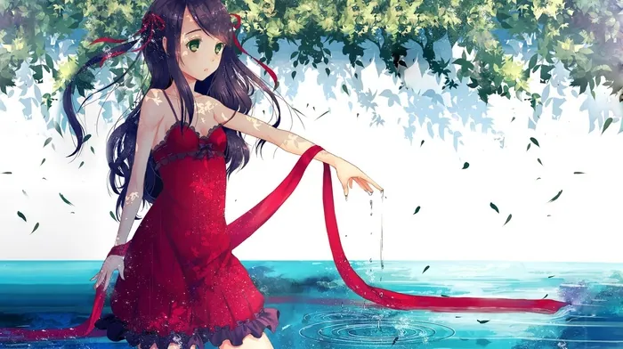 leaves, water, anime girls wallpapers