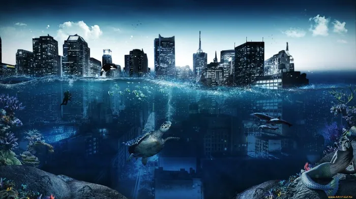 Underwater Cityscape With Swimming Turtle wallpapers