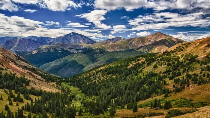 mountain, trees, sky wallpapers